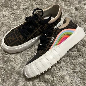 Fendi Brown Monogram Sneakers with Rainbow Leather Accents